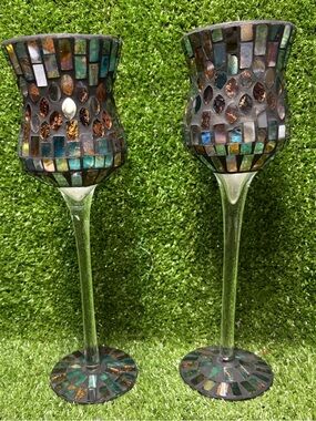 Pair of stunning Mosaic Glass Candle Holders - Iridescent Green Accent